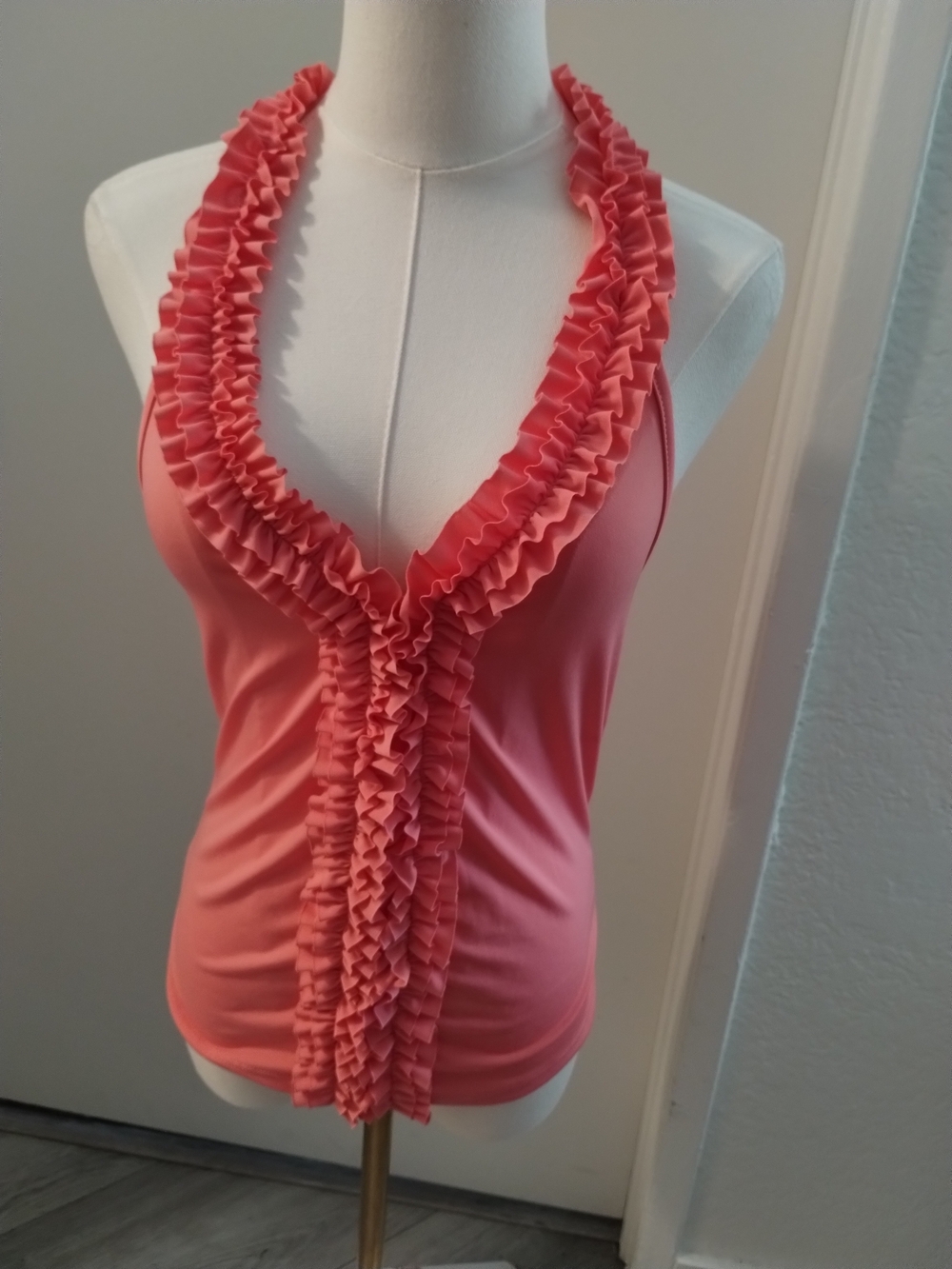 Coral Ruffled V-Neck Halter Tank Top - Coral Pink